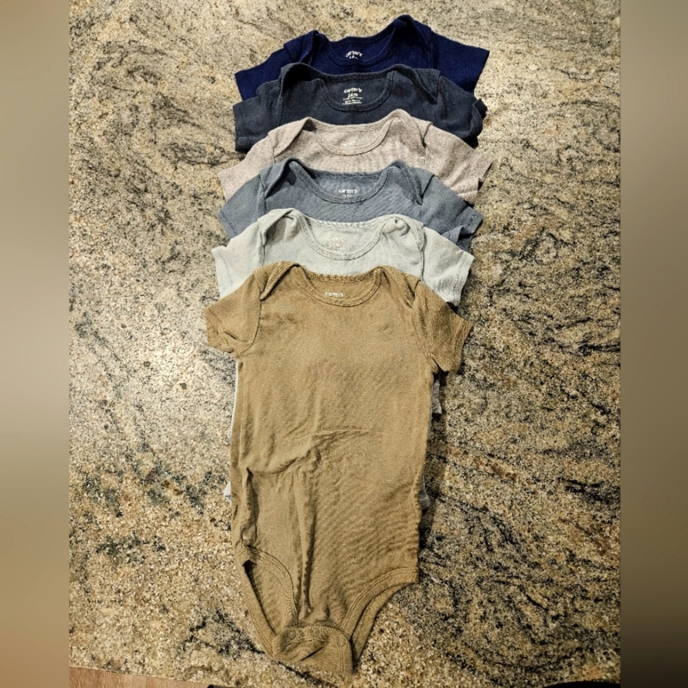 6 Carters, 24 month onesies, shades of gray, blue and green
